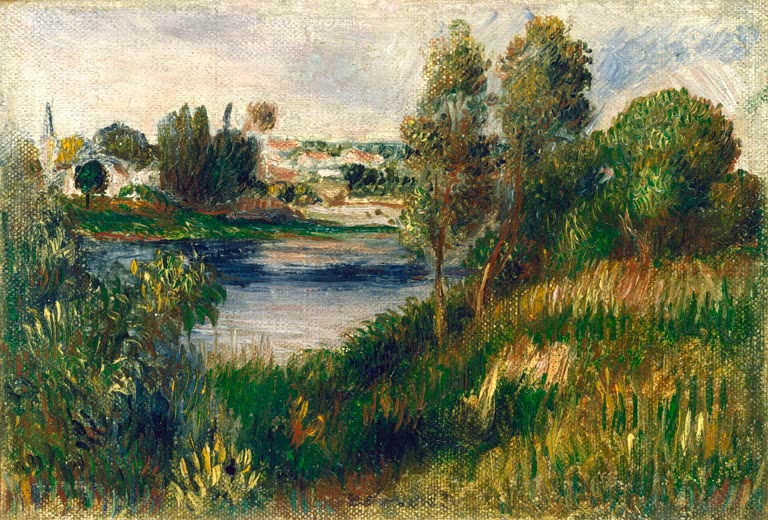 Flusslandschaft mit Wiesen und Bäumen – Pierre-Auguste Renoir Landschaft bei Vétheuil Kunstkopie