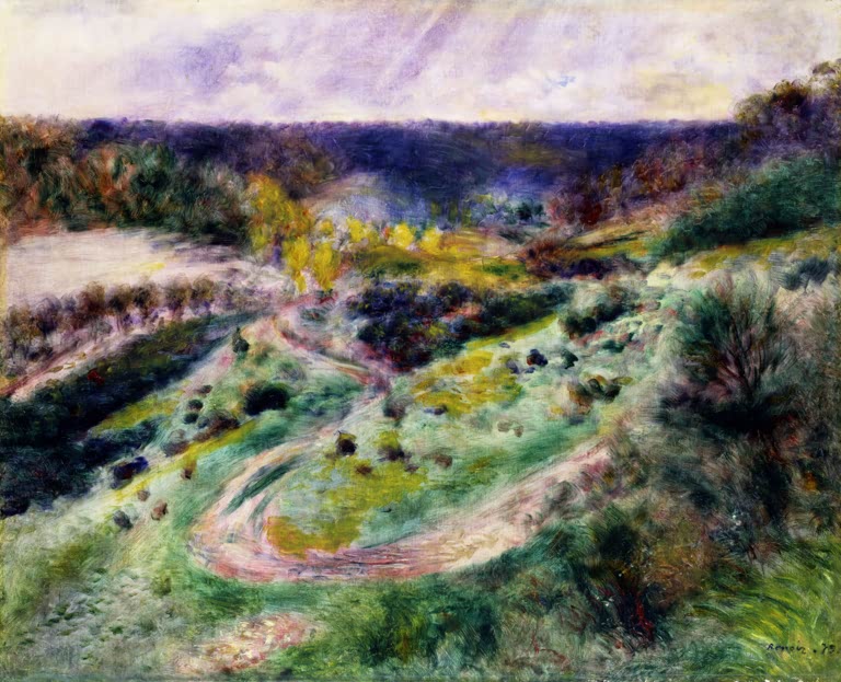 Bunte Hügellandschaft mit Wegen und Büschen unter Wolken – Pierre-Auguste Renoir Landschaft bei Wargemont Kunstkopie