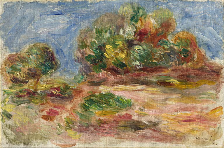 Hügelige Landschaft mit Büschen und rosafarbenem Boden – Pierre-Auguste Renoir Landschaft von Cagnes Kunstkopie