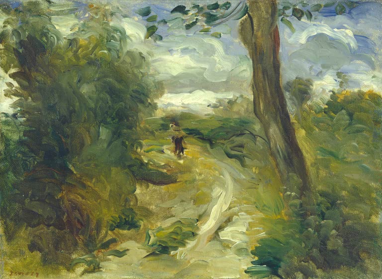 Weg unter Bäumen mit kleiner Figur in Landschaft – Pierre-Auguste Renoir Landschaft zwischen zwei Stürmen Kunstkopie