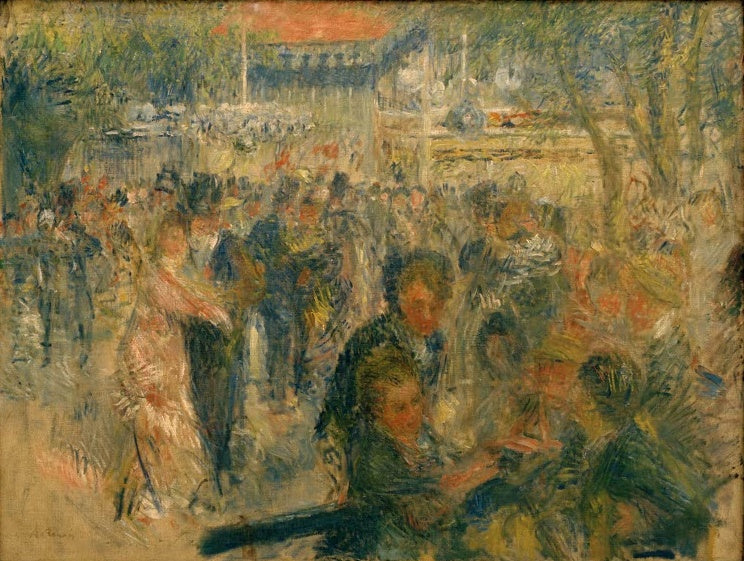 Tanzende und plaudernde Menschen unter Bäumen – Pierre-Auguste Renoir Le bal au Moulin de la Galette Kunstkopie