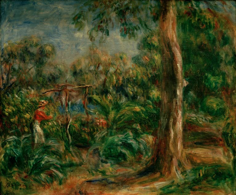 Frau in rotem Mieder im Garten unter einem hohen Baum – Pierre-Auguste Renoir Le grand arbre Kunstkopie