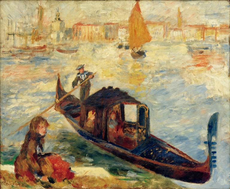 Gondel mit Gondoliere auf dem Canal Grande, Mädchen am Ufer – Pierre-Auguste Renoir Le Grand Canal, Venise Kunstkopie