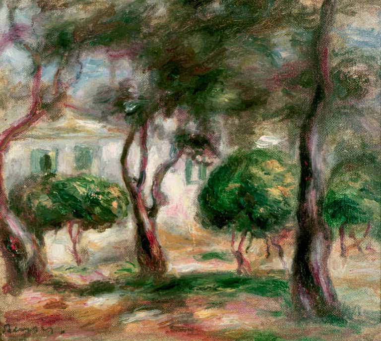 Weißes Haus hinter Bäumen in einem sonnigen Garten – Pierre-Auguste Renoir Le jardin des Collettes Kunstkopie