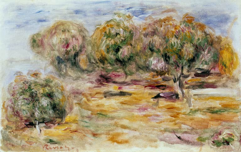 Garten mit Bäumen und gelber Erde unter blauem Himmel – Pierre-Auguste Renoir Le jardin des Collettes Kunstkopie