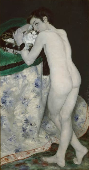 Nackter Knabe lehnt mit einer Katze an einem Tisch mit blauem Tuch – Pierre-Auguste Renoir Le jeune garçon au chat Kunstkopie