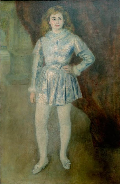 Junge Frau in blauem Pagenkostüm, Hand in die Hüfte gestützt – Pierre-Auguste Renoir Le page Kunstkopie