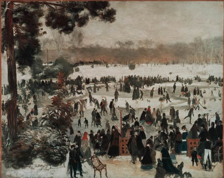 Schlittschuhläufer auf einer verschneiten Eisfläche im Park – Pierre-Auguste Renoir Le patinage a Longchamps Kunstkopie