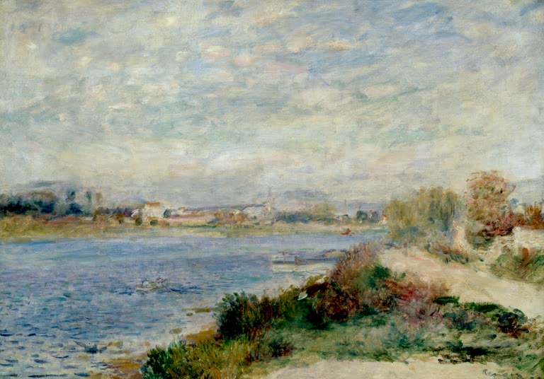 Seineufer mit blauem Wasser, Büschen und Weg unter Wolkenhimmel – Pierre-Auguste Renoir Le Seine à Argenteuil Kunstkopie