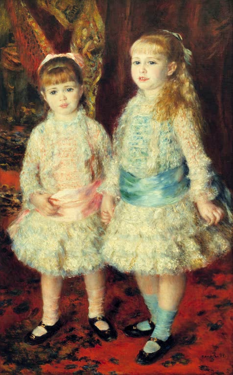 Zwei Mädchen in Rüschenkleidern, eines mit hellblauer Schärpe – Pierre-Auguste Renoir Les demoiselles Cahen Kunstkopie