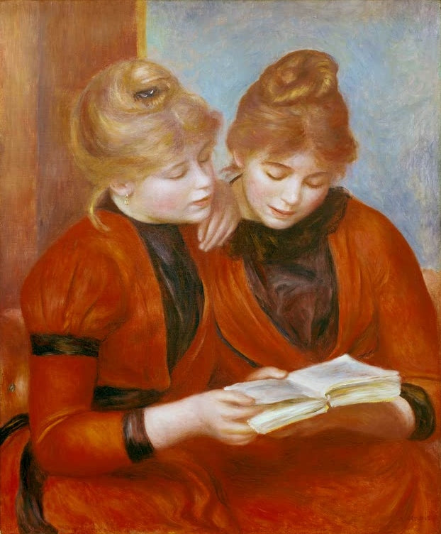 Zwei junge Frauen in roten Kleidern lesen gemeinsam in einem Buch – Pierre-Auguste Renoir Les deux soeurs Kunstkopie
