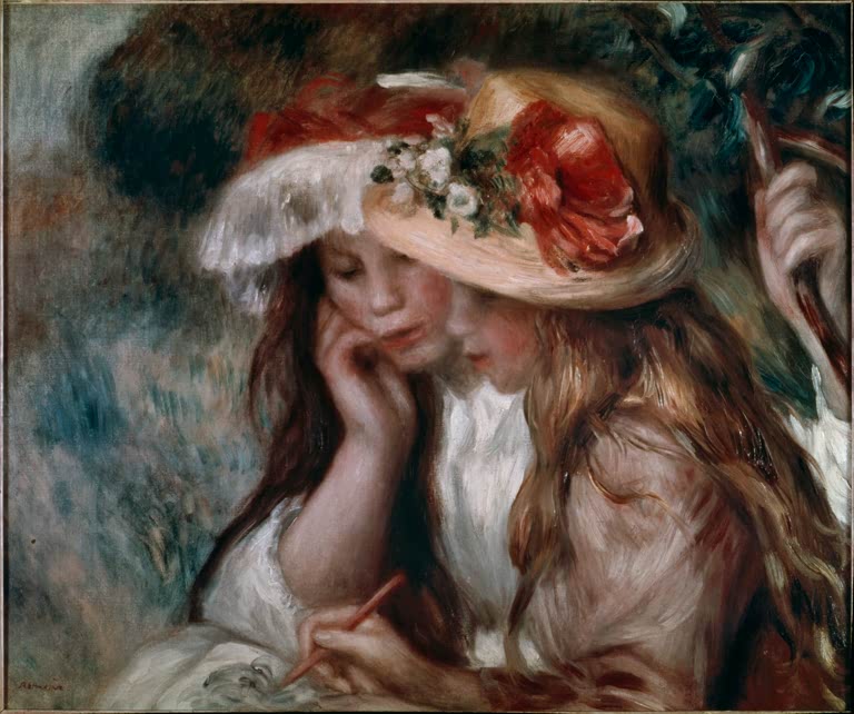 Zwei Mädchen mit Hüten beugen sich über Papier – Pierre-Auguste Renoir Les deux soeurs Kunstkopie