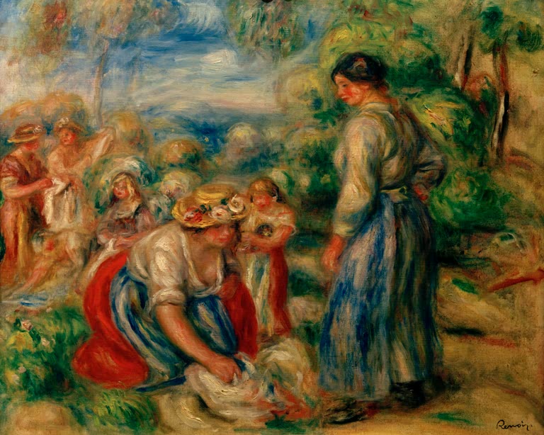 Wäscherinnen mit Kindern an einem Fluss in bunten Farben – Pierre-Auguste Renoir Les Laveuses Kunstkopie