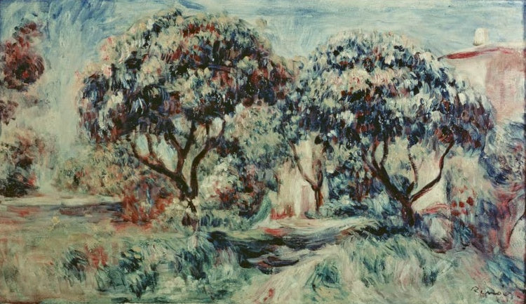 Zwei Baumkronen mit blauen Blättern vor einem Haus – Pierre-Auguste Renoir Les Néfliers Kunstkopie