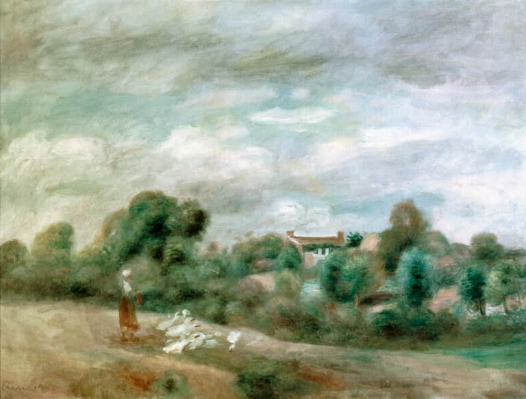 Gänseherde auf einem Weg in weiter Landschaft – Pierre-Auguste Renoir Les oies à Pornic Kunstkopie