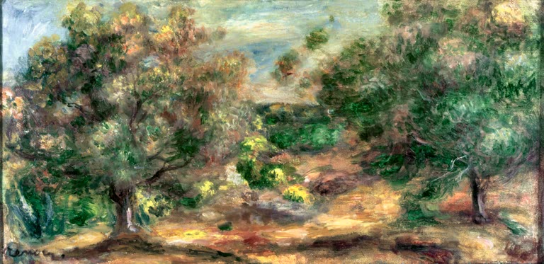 Sonnige Landschaft mit Olivenbäumen und gelben Blüten – Pierre-Auguste Renoir Les oliviers Kunstkopie