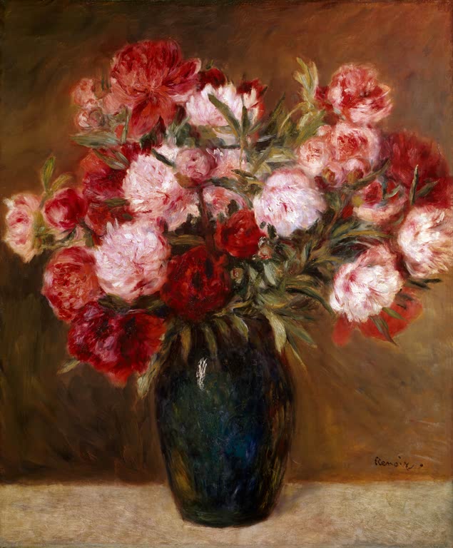 Rosa und rote Pfingstrosen in dunkelblauer Vase – Pierre-Auguste Renoir Les Pivoines Kunstkopie