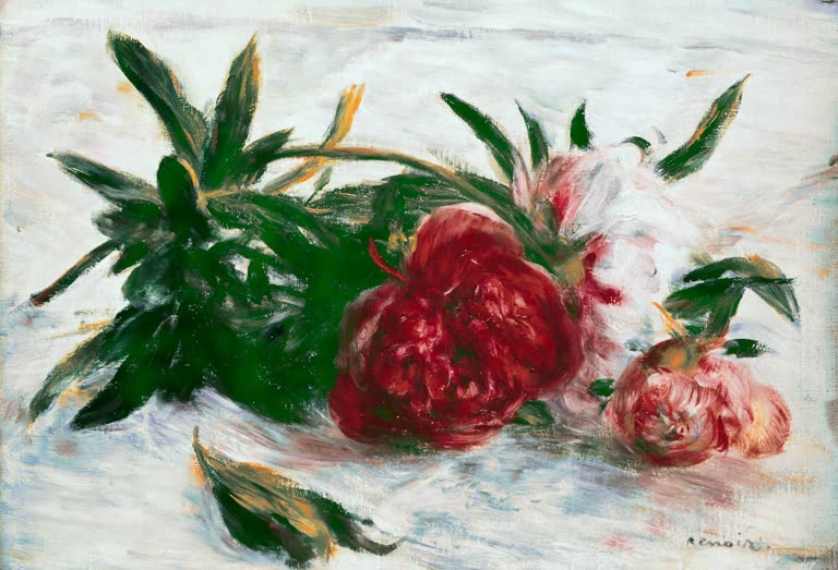 Rote und rosa Pfingstrosen mit Blättern auf weißem Tuch – Pierre-Auguste Renoir Les Pivoines Kunstkopie