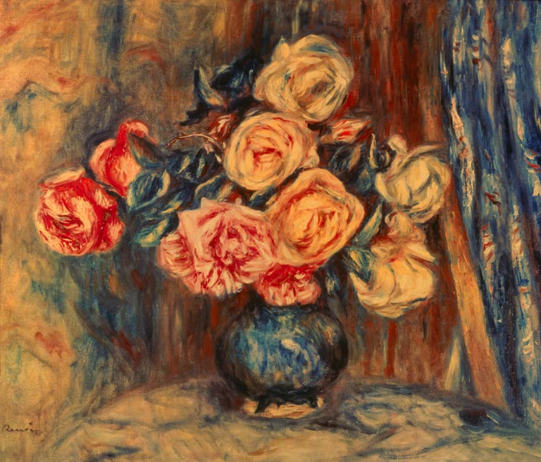 Gelbe und rote Rosen in blauer Vase vor einem Vorhang – Pierre-Auguste Renoir Les roses au rideau bleu Kunstkopie
