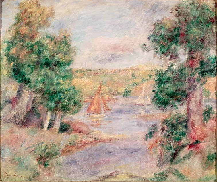 Segelboote mit orangefarbenen Segeln auf einem Fluss zwischen Bäumen – Pierre-Auguste Renoir Les voiliers à Cagnes Kunstkopie