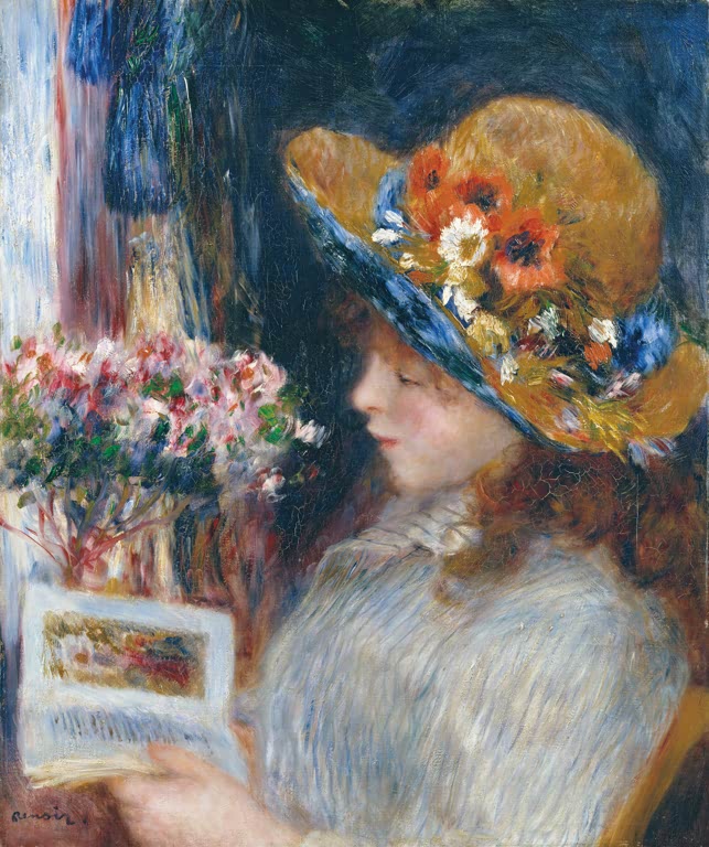 Mädchen mit Blumenhut liest in einem Heft, Blumenstrauß hinter ihr – Pierre-Auguste Renoir Lesendes Mädchen Kunstkopie