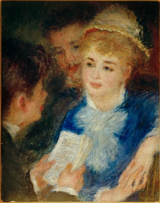 Junge Frau in Blau liest ein Blatt, zwei Männer lauschen dicht neben ihr – Pierre-Auguste Renoir Leseprobe Kunstkopie