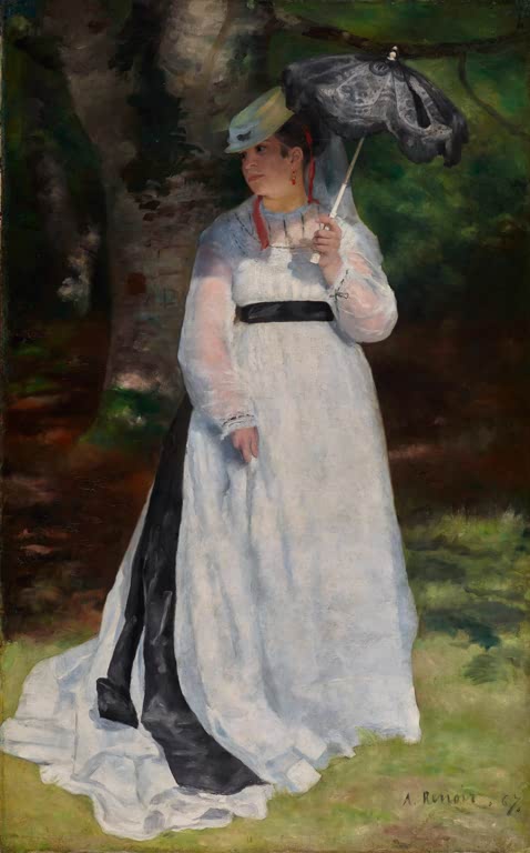 Frau im weißen Kleid mit schwarzem Sonnenschirm im Park – Pierre-Auguste Renoir Lise mit dem Sonnenschirm Kunstkopie