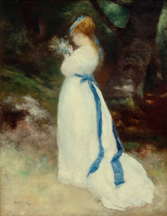 Junge Frau im weißen Kleid mit blauer Schleife – Pierre-Auguste Renoir Lise mit einem Feldblumenstrauß Kunstkopie