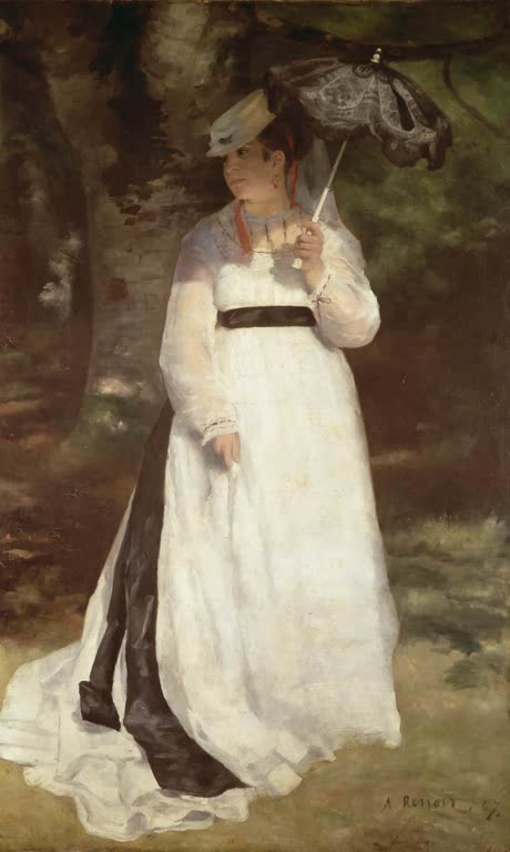 Frau in weißem Kleid mit Sonnenschirm im Wald – Pierre-Auguste Renoir Lise mit Sonnenschirm Kunstkopie
