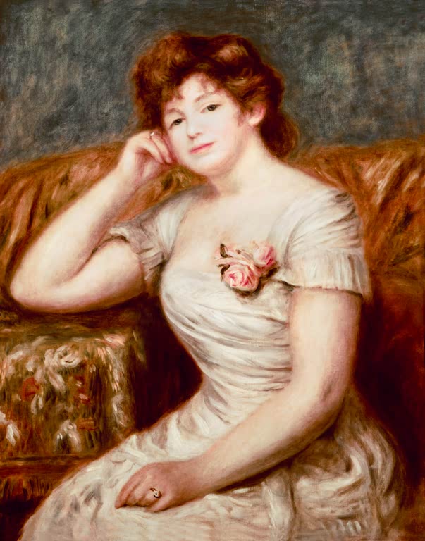 Dame in weißem Kleid sitzt auf einem Sofa und stützt den Kopf – Pierre-Auguste Renoir Madame Adrien Mithouard Kunstkopie