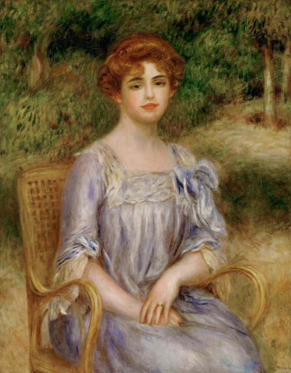 Junge Frau in fliederfarbenem Kleid im Korbstuhl – Pierre-Auguste Renoir Madame Bernheim de Villers Kunstkopie