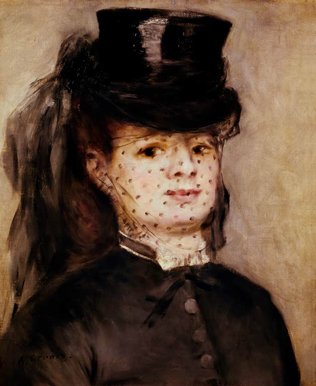 Frau mit schwarzem Zylinder und Schleier in dunklem Kleid – Pierre-Auguste Renoir Madame Darras Kunstkopie