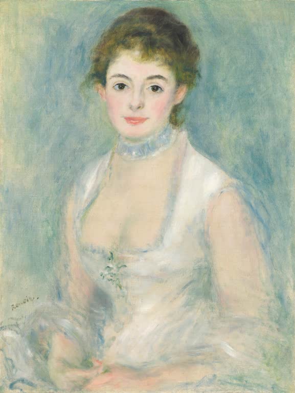 Junge Frau in weißem Kleid mit Perlenkette – Pierre-Auguste Renoir Madame Henriot Kunstkopie