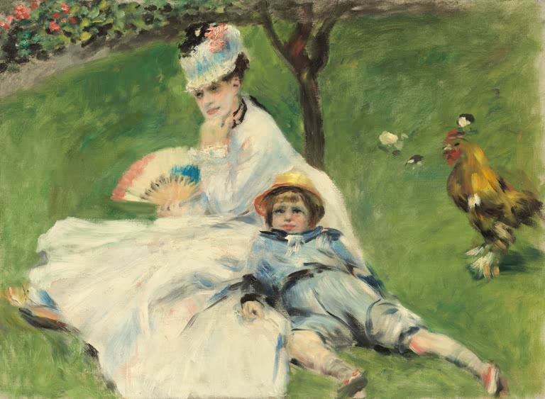 Frau mit Fächer im weißen Kleid und Kind im Gras, dazu ein Hahn – Pierre-Auguste Renoir Madame Monet und ihr Sohn Kunstkopie