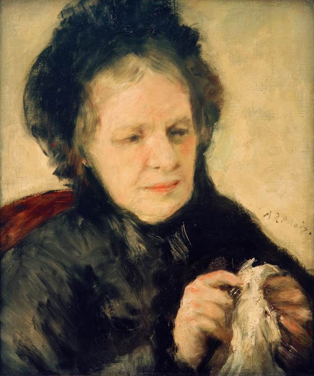 Ältere Frau mit schwarzer Haube hält ein weißes Tuch – Pierre-Auguste Renoir Madame Théodore Charpentier Kunstkopie