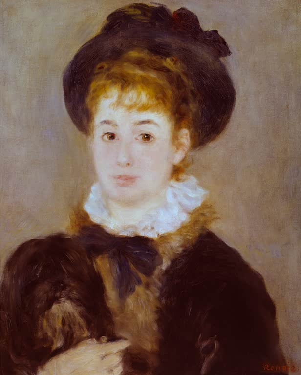 Junge Frau mit dunklem Hut und weißer Halskrause – Pierre-Auguste Renoir Mademoiselle Henriot Kunstkopie