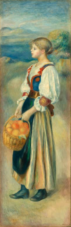 Mädchen mit Orangenkorb vor Meerblick, schmales Hochformat – Pierre-Auguste Renoir Mädchen mit einem Korb Orangen Kunstkopie