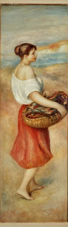 Junge Fischerin mit Korb voller Fische am Strand – Pierre-Auguste Renoir Mädchen mit Fischkorb Kunstkopie