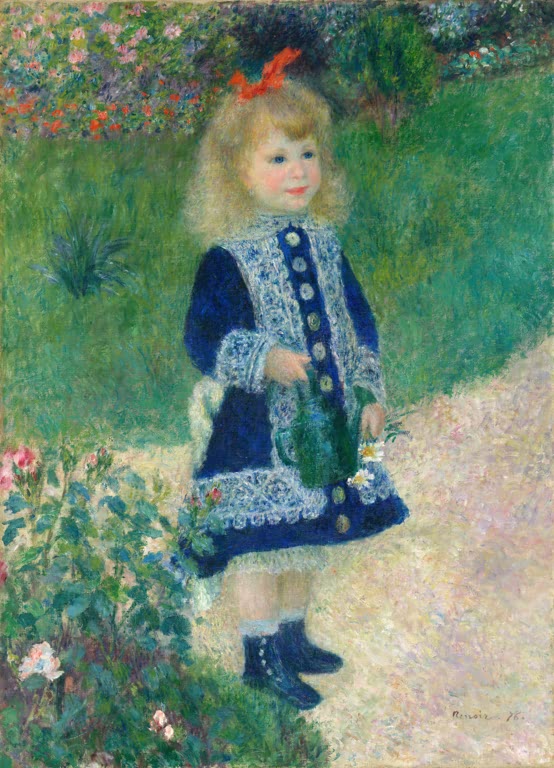Mädchen in blauem Mantel hält eine Gießkanne im Garten – Pierre-Auguste Renoir Mädchen mit Gießkanne Kunstkopie