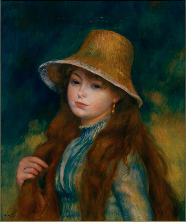 Mädchen mit langem Haar und Strohhut in blauer Bluse – Pierre-Auguste Renoir Mädchen mit langem Haar und Strohhut Kunstkopie