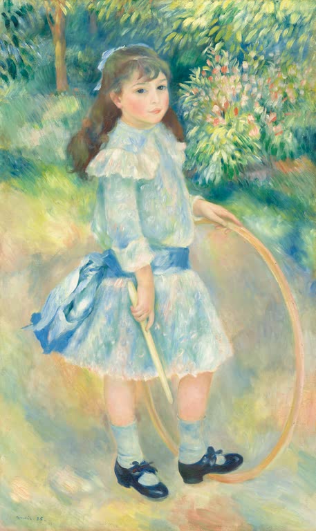 Mädchen im hellblauen Kleid mit Reifen im sonnigen Garten – Pierre-Auguste Renoir Mädchen mit Reifen Kunstkopie