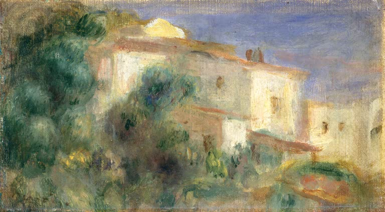Helles Haus zwischen Bäumen im Sonnenlicht – Pierre-Auguste Renoir Maison de la Poste, Cagnes Kunstkopie