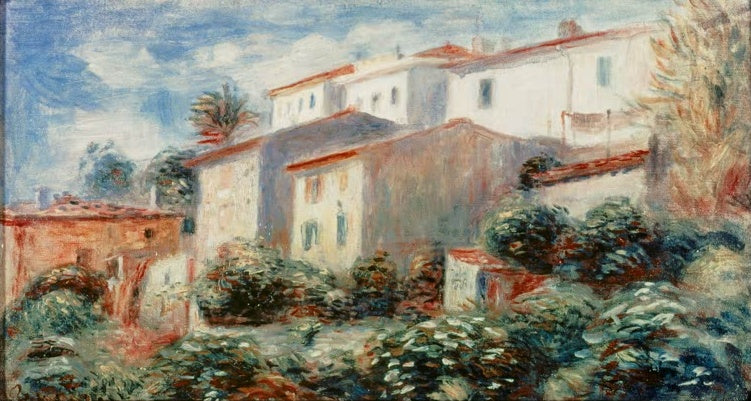 Weiße Häuser mit roten Dächern hinter dunklem Gebüsch – Pierre-Auguste Renoir Maison de la Poste, Cagnes Kunstkopie