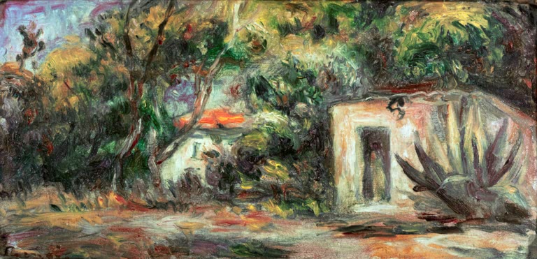 Weißes Häuschen zwischen Bäumen und Agaven im Sonnenlicht – Pierre-Auguste Renoir Maisonnette dans les arbres Kunstkopie