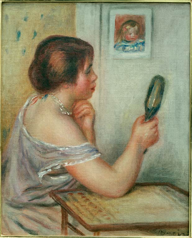 Frau hält einen Handspiegel, an der Wand ein kleines Porträt – Pierre-Auguste Renoir Marie Dupuis tenant un miroir Kunstkopie