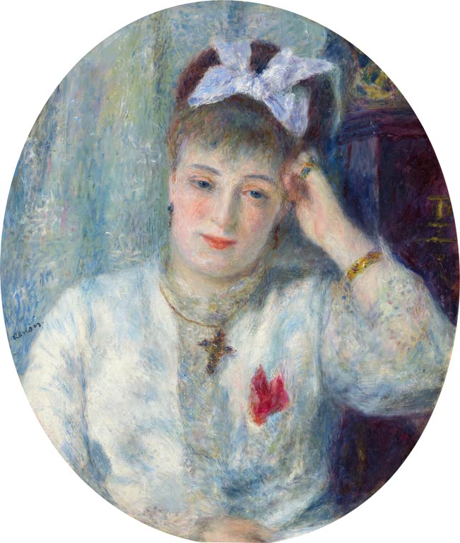 Junge Frau mit weißer Haarschleife stützt den Kopf in die Hand – Pierre-Auguste Renoir Marie Murer Kunstkopie