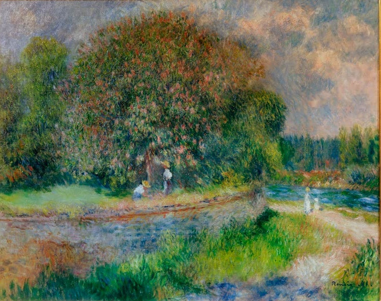 Blühender Kastanienbaum an einem Wasserlauf, Spaziergänger am Weg – Pierre-Auguste Renoir Maronnier fleurissant Kunstkopie