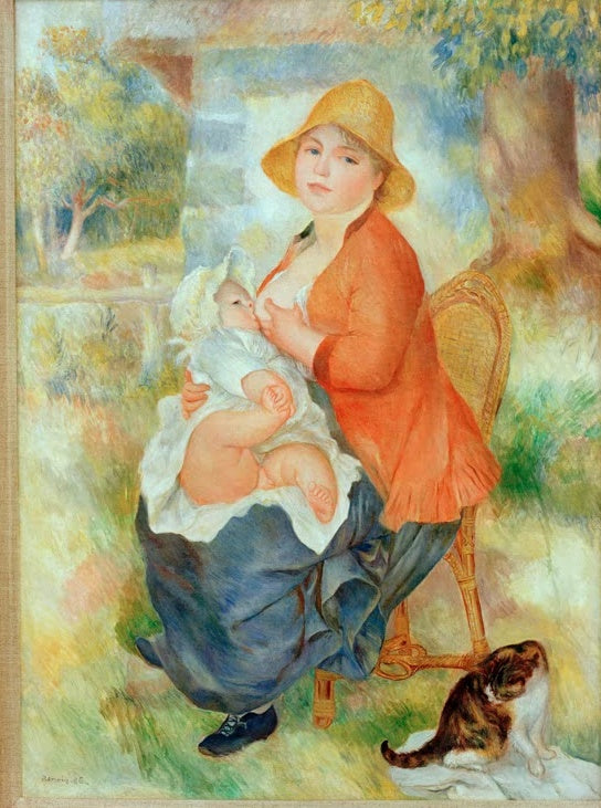 Stillende Mutter mit Sonnenhut, Katze zu ihren Füßen – Pierre-Auguste Renoir Maternité. Femme allaitant son enfant Kunstkopie