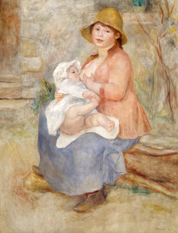 Stillende Mutter mit Strohhut vor Steinmauer und Bäumen – Pierre-Auguste Renoir Maternité Kunstkopie