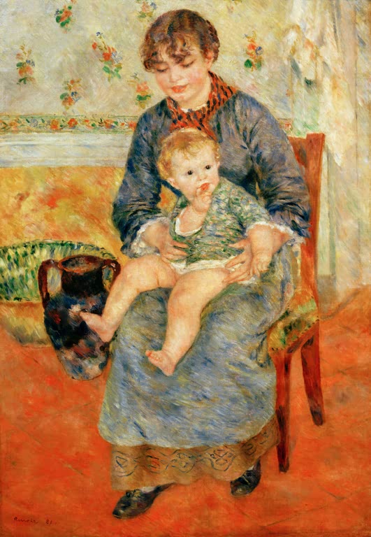 Mutter mit Kleinkind auf dem Schoß auf rotem Stuhl vor Blumentapete – Pierre-Auguste Renoir Mere et enfant Kunstkopie